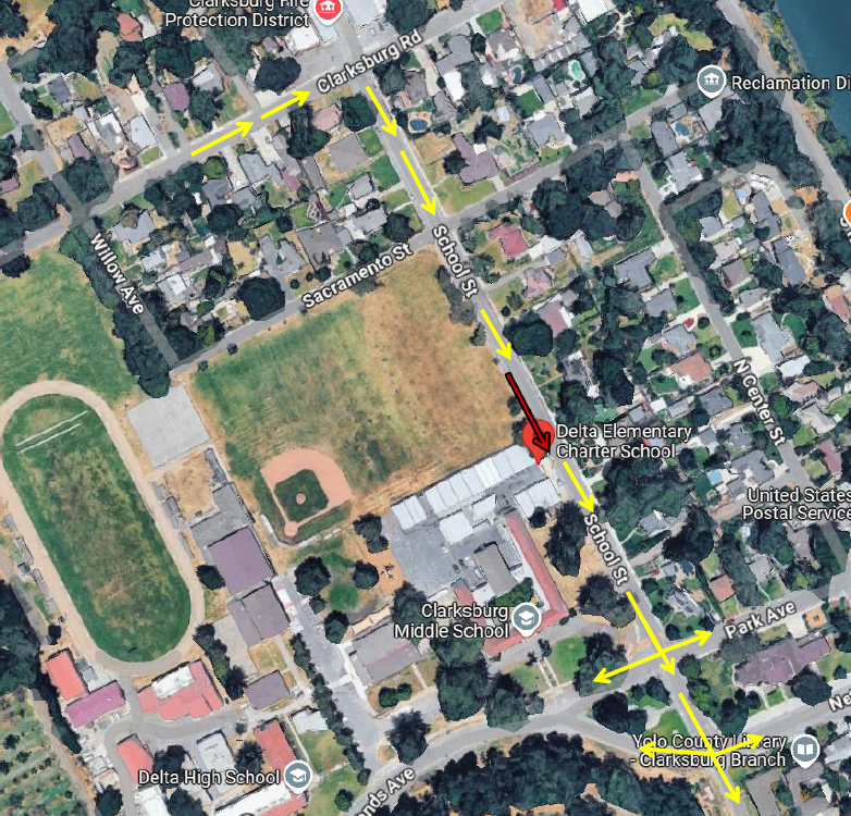 An areal view of Clarksburg, CA showing the drop-off route for Delta Elemenatary School down Clarcksburg Rd turning right on School st, the drop off spot in front of thee ball field just before the school and then exiting the drop off on Park Ave or Netherlands Ave.